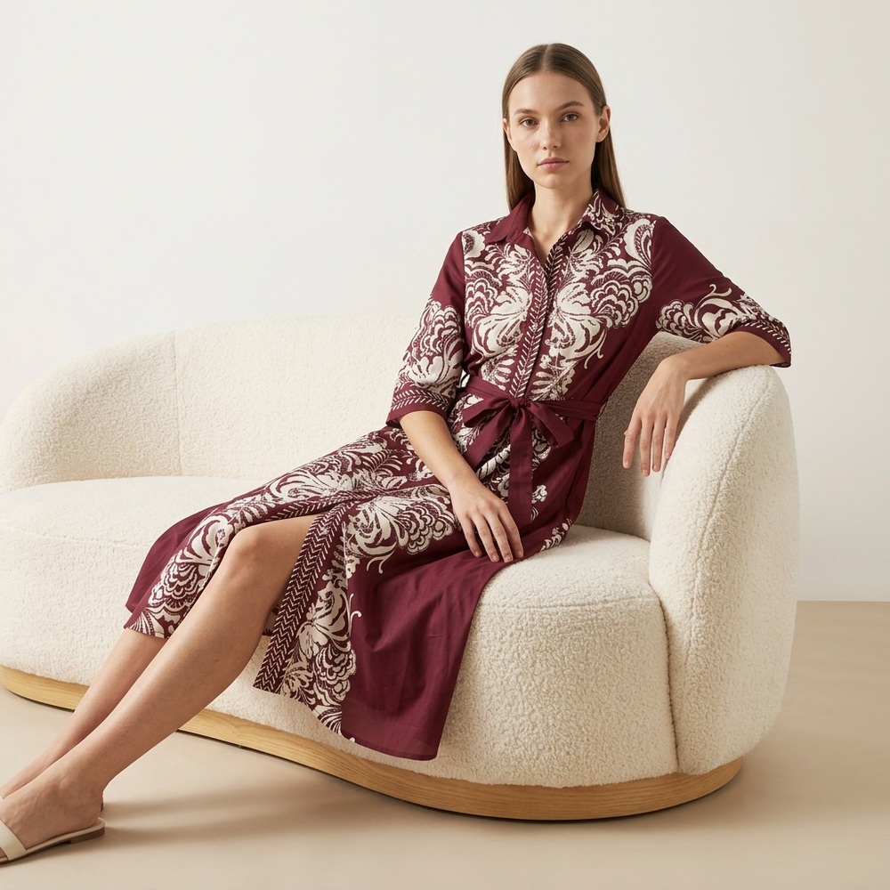 Spighe Di Lino Women's Cotton Maroon Floral Print Belted Comfort Maxi Dress
